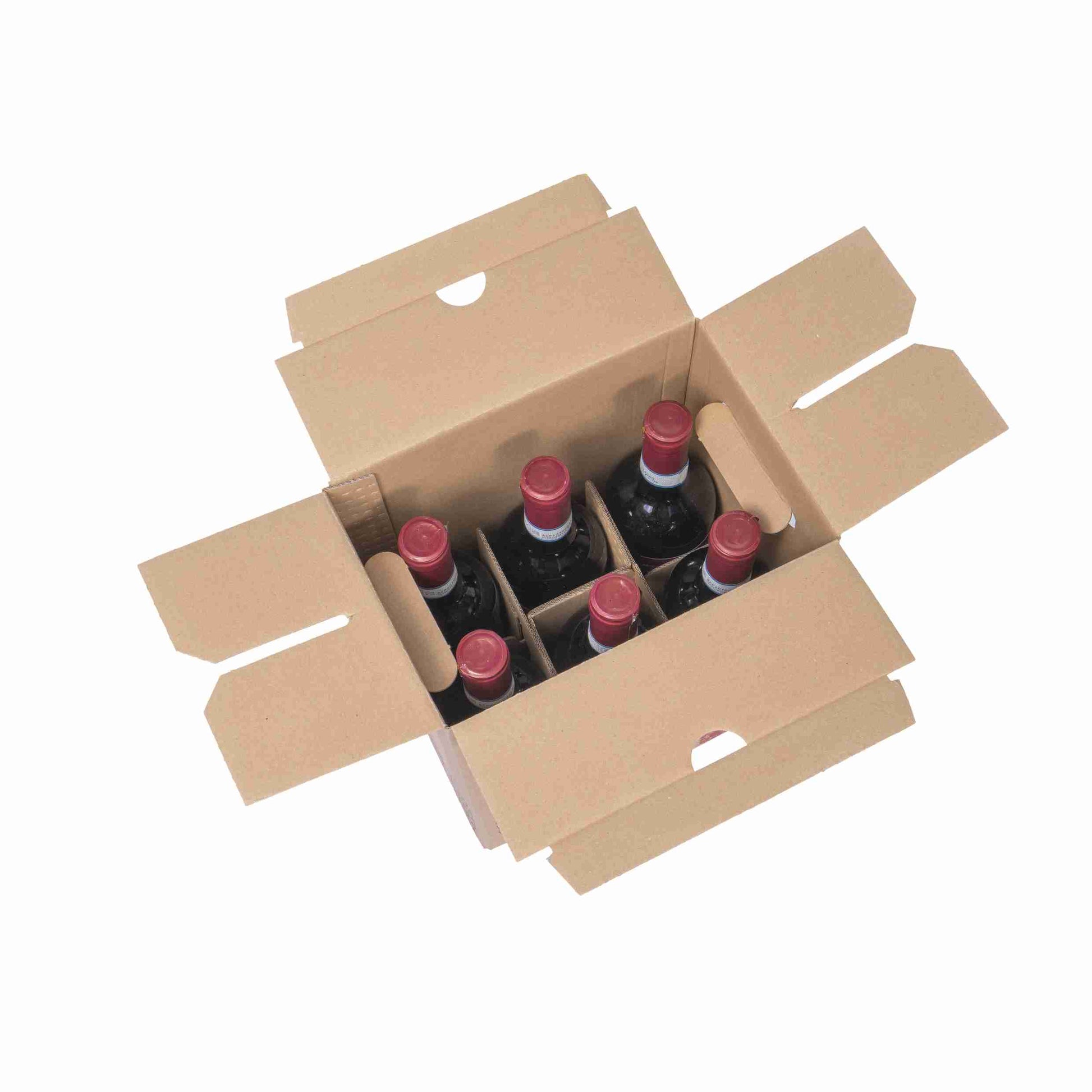 Model Weinversandkarton – für 6 × 0,75 l, max. 321 mm & Ø80 mm – 231 × 154 × 321 mm, braun, mit Einlage – 1 Stk., ab 500 Stk.