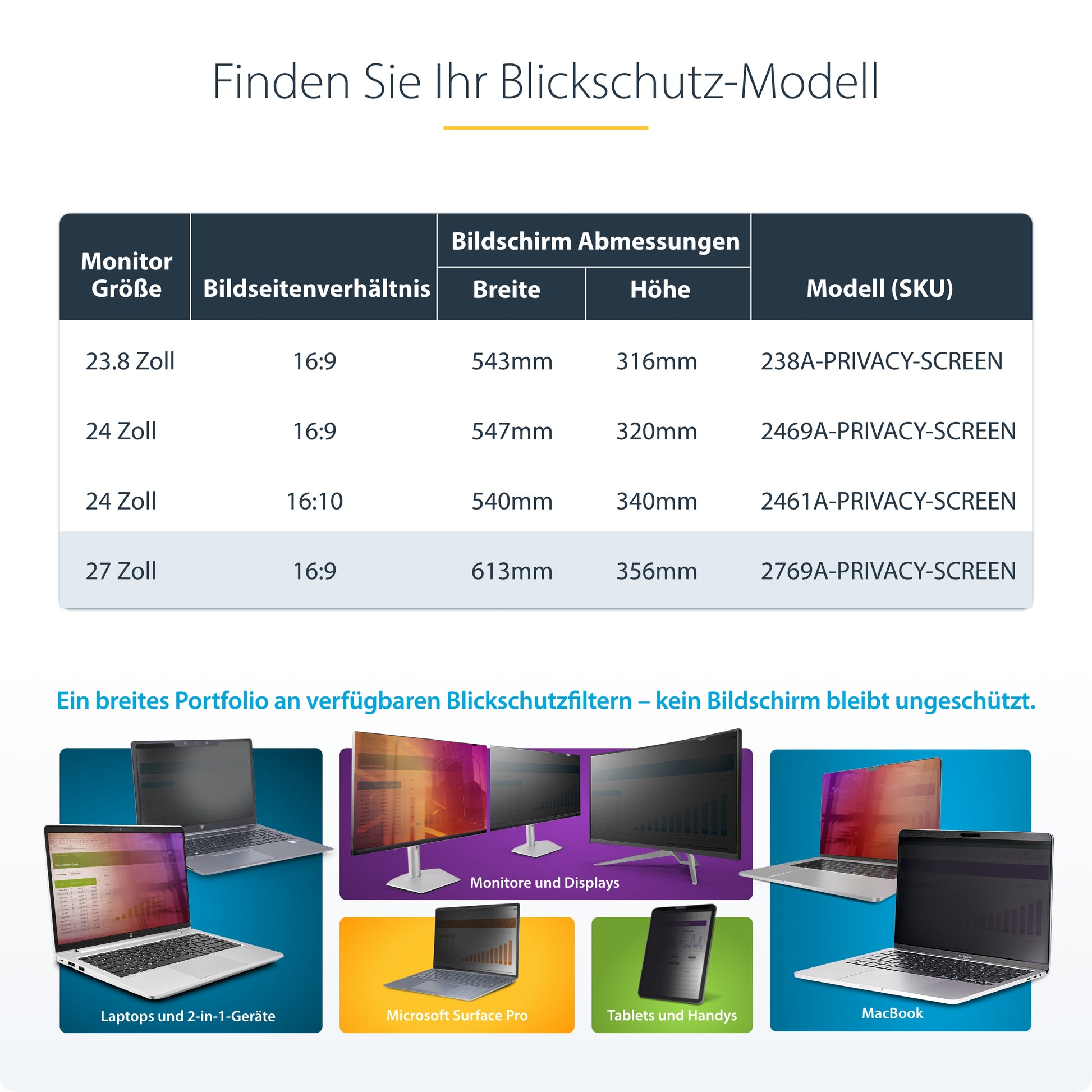 StarTech.com Blickschutzfilter für 24" Monitor, 16:9 – 613 × 356 mm, rahmenlos, glänzend