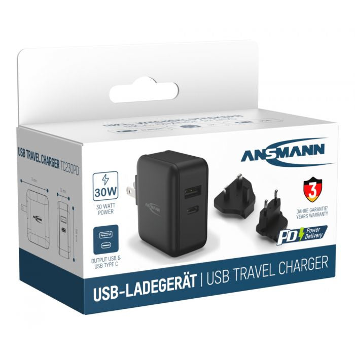 Ansmann Travel Charger TC230PD USB-Wandladegerät 30 W – USB-C×1, USB-A×1 – Schwarz