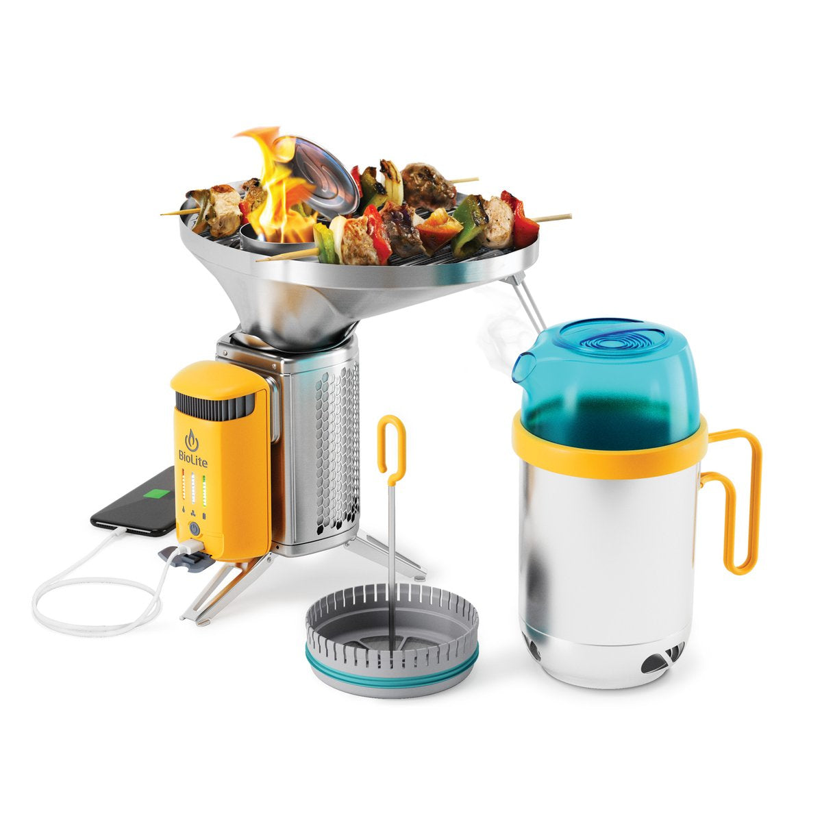 BioLite Campstove BNA0100 – Holzkohle, USB-Port, 935 g – Gelb/Edelstahl