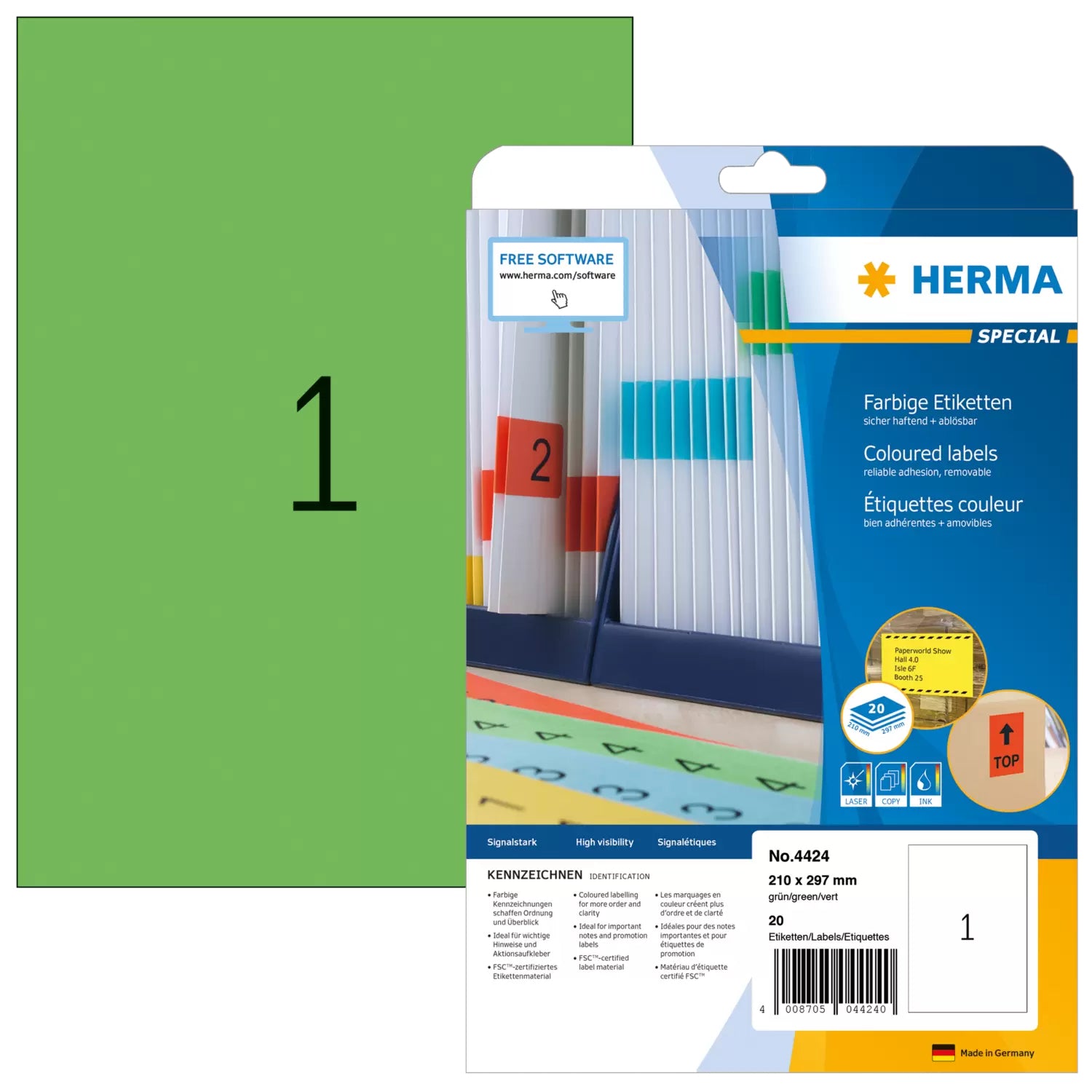 HERMA Drucketiketten, 210 mm × 297 mm, grün, Papier, wiederablösbar, 20 Blätter