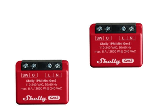 Shelly Mini Gen3 1PM – Schaltaktor – WLAN, Bluetooth, 8 A – für Amazon Alexa, Google Assistant – 2er-Set