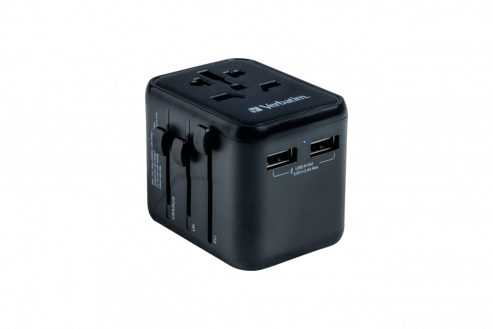 Verbatim UTA-01 Reiseadapter – Universalstecker zu Universalbuchse, 100–250 V, 2500 W, 2× USB 2,4 A