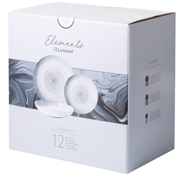 Lunasol Elements Vulcano Tellerset – 12-teiliges Set, Steingut, Hellgrau