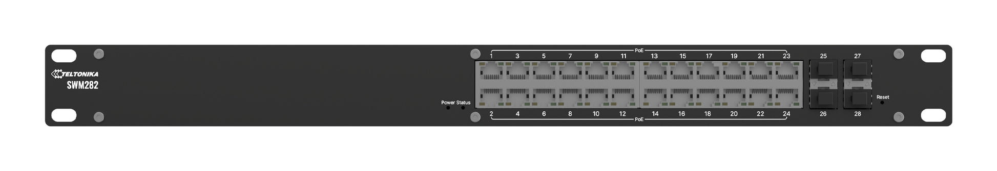 Teltonika SWM282 – Managed Switch – 24×GbE, 4×SFP, L2+, PoE+ 300 W, 19" Rack