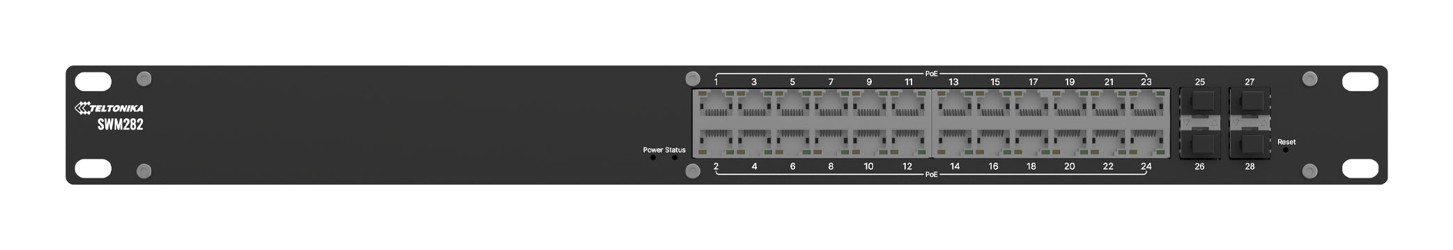 Teltonika SWM282 – Managed Switch – 24×GbE, 4×SFP, L2+, PoE+ 300 W, 19" Rack