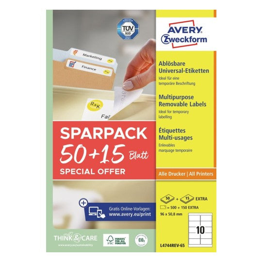 Avery L4744REV-65 – Etiketten A4 95 × 51 mm – Papier, weiss – wiederablösbar – Laser/Inkjet – 65 Blätter