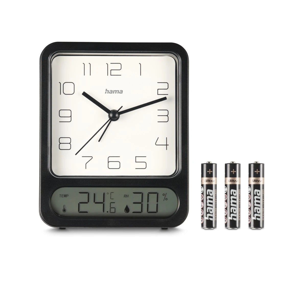 Hama Pag Quarz-Wecker – Analog, lautlos, Thermometer/Hygrometer, 9,5 × 12,5 × 4,9 cm, schwarz