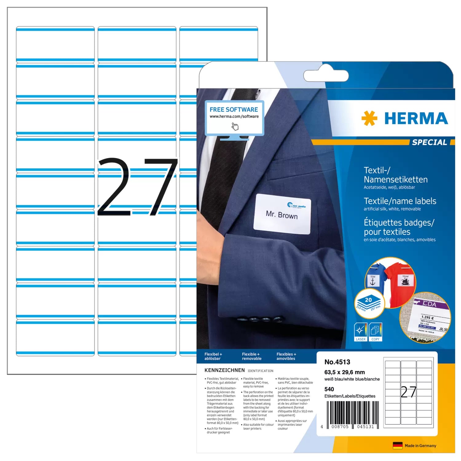 HERMA Textiletiketten, 64 mm × 30 mm, weiss, Textil, selbstklebend, 540 Etiketten (20 Blätter)