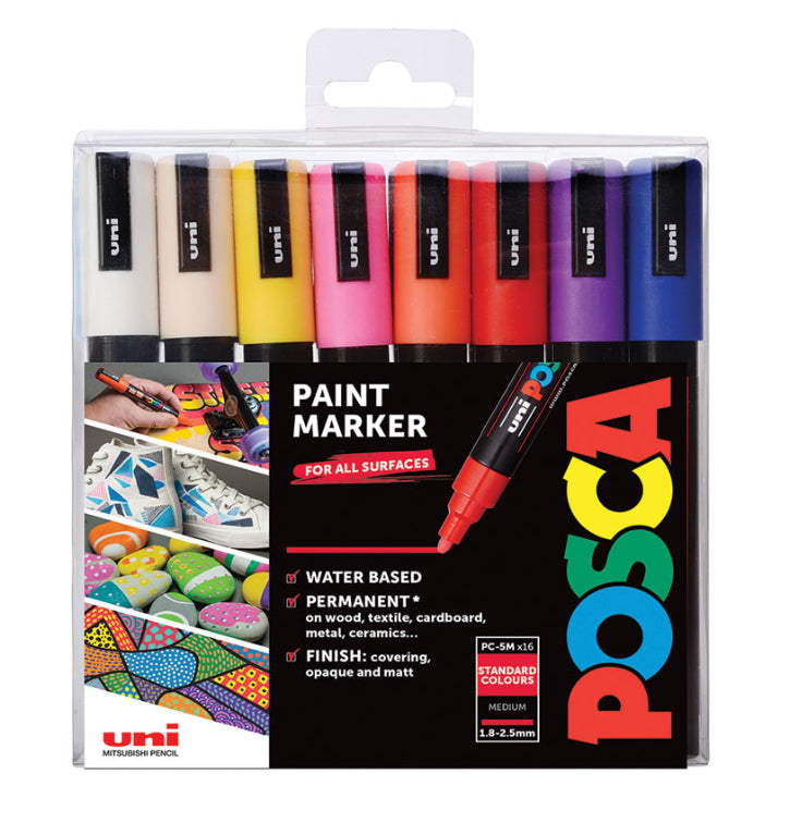 Uni-Ball POSCA PC-5M Acrylmarker – Rundspitze 1,8–2,5 mm – mehrfarbig – 16er-Set – für Glas, Metall und Kunststoff