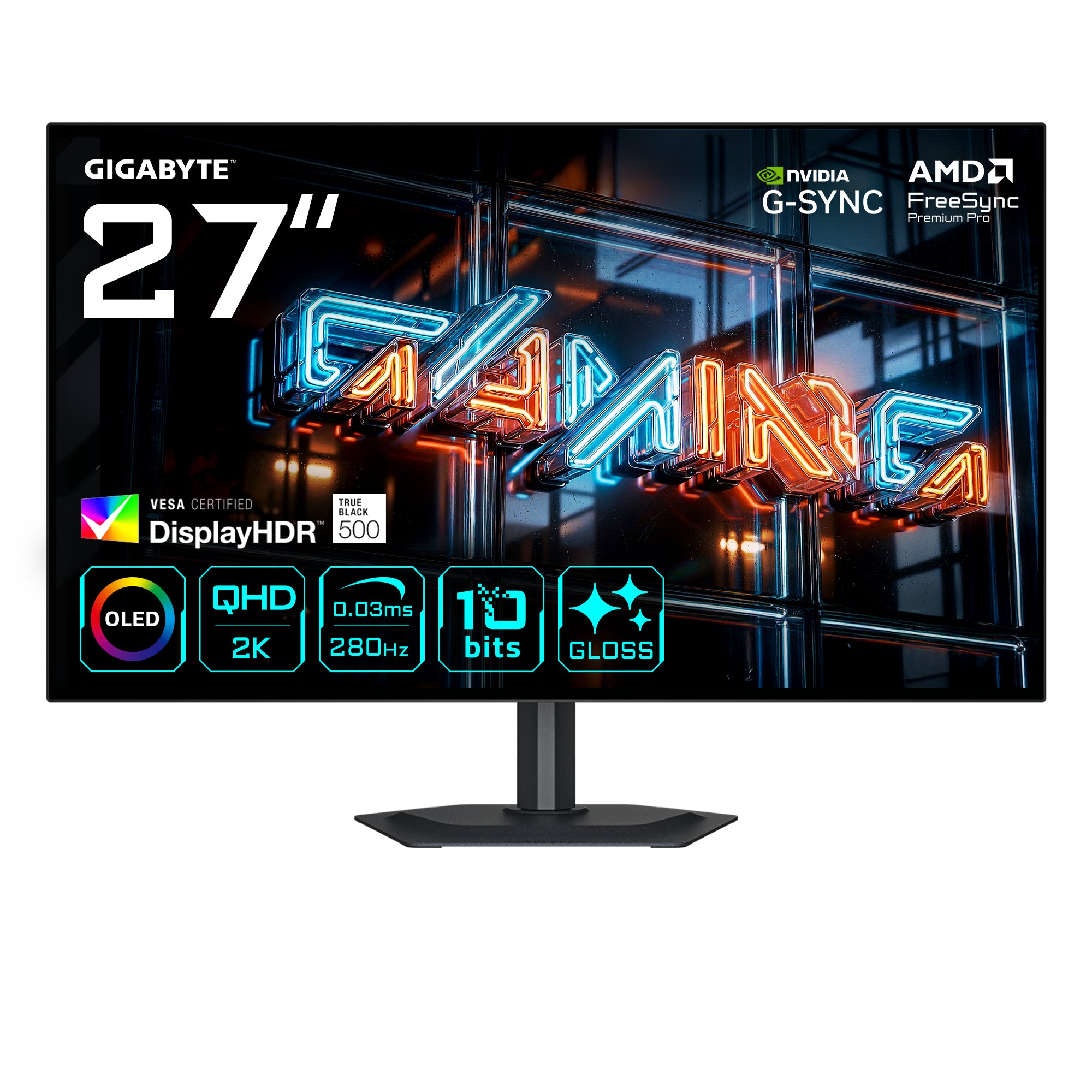 GIGABYTE MO27Q28GR – 27", 2560 × 1440 (WQHD), OLED, 280 Hz, USB-C 18 W, DisplayHDR True Black 500
