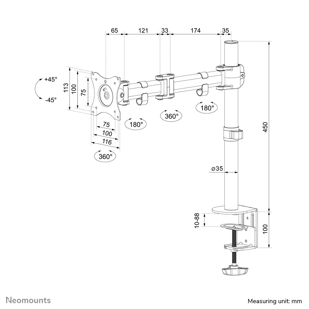 Neomounts Monitorarm, bis 27", VESA 75 × 75/100 × 100 mm, höhenverstellbar, schwenk-/drehbar, schwarz