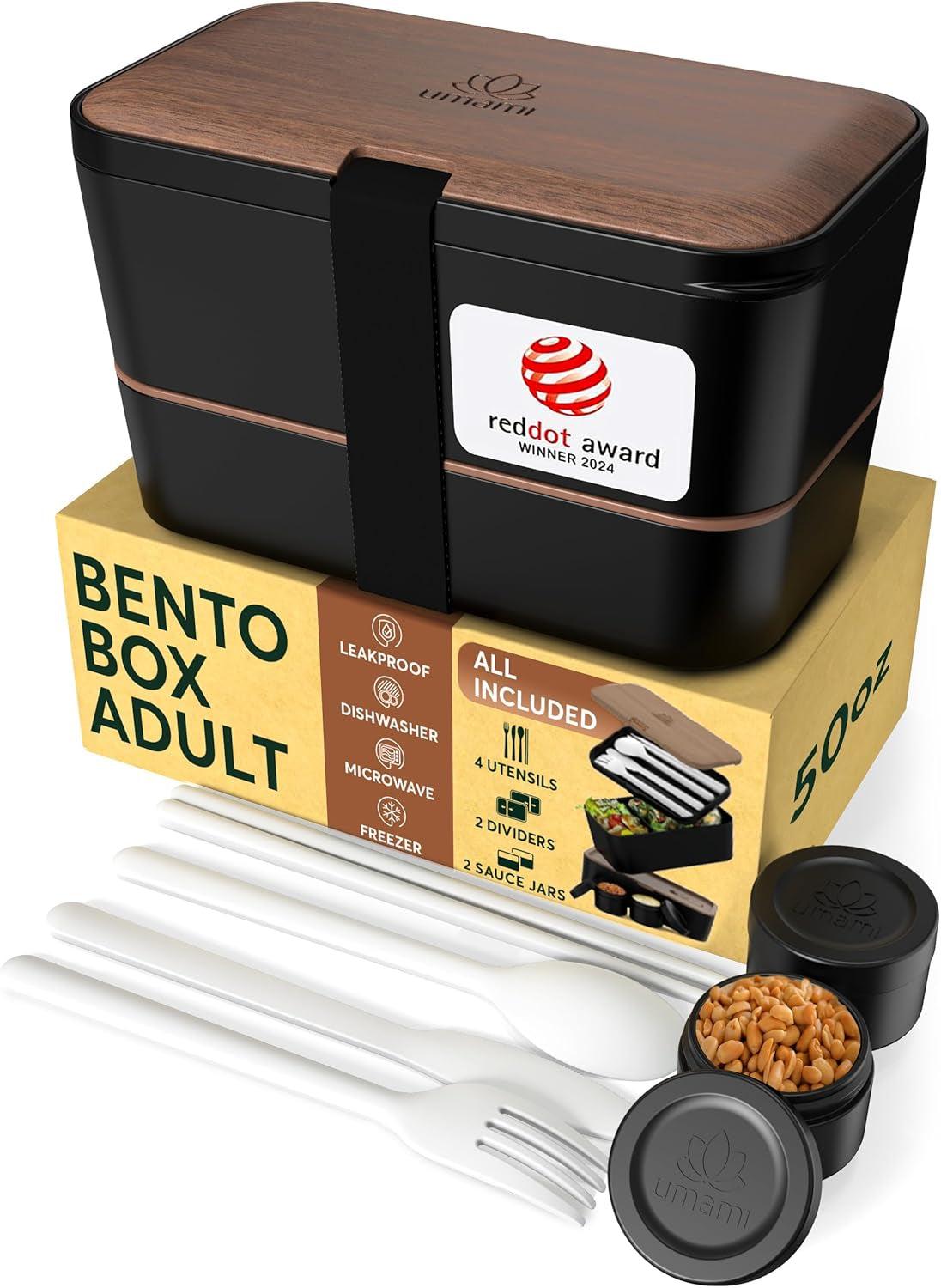Umami Nestable – Lunchbox 1,5 l, 11 × 18,2 × 7 cm, Polypropylen (PP), walnuss/schwarz, leckdicht