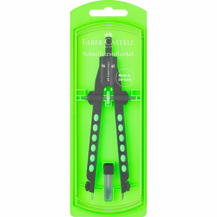 Faber-Castell Factory Neon Schnellverstellzirkel – Länge 170 mm, max. Kreis-Ø 34 cm, mit Minenklemmung
