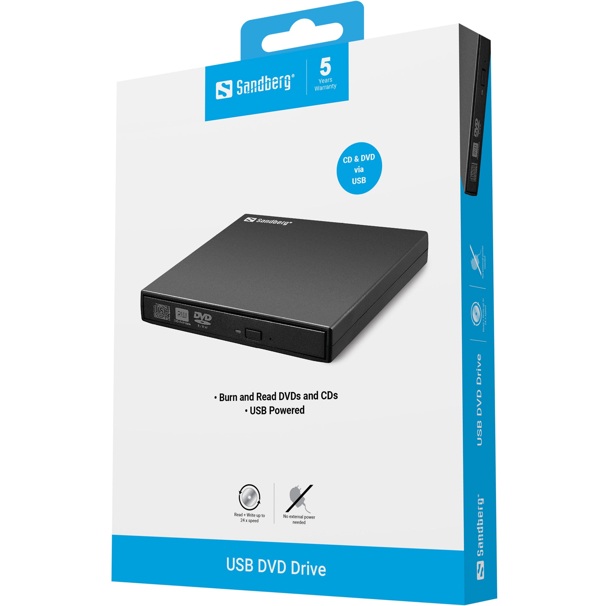 Sandberg USB DVD-Laufwerk – DVD Super Multi, USB 2.0, für Desktop/Laptop, Schwarz