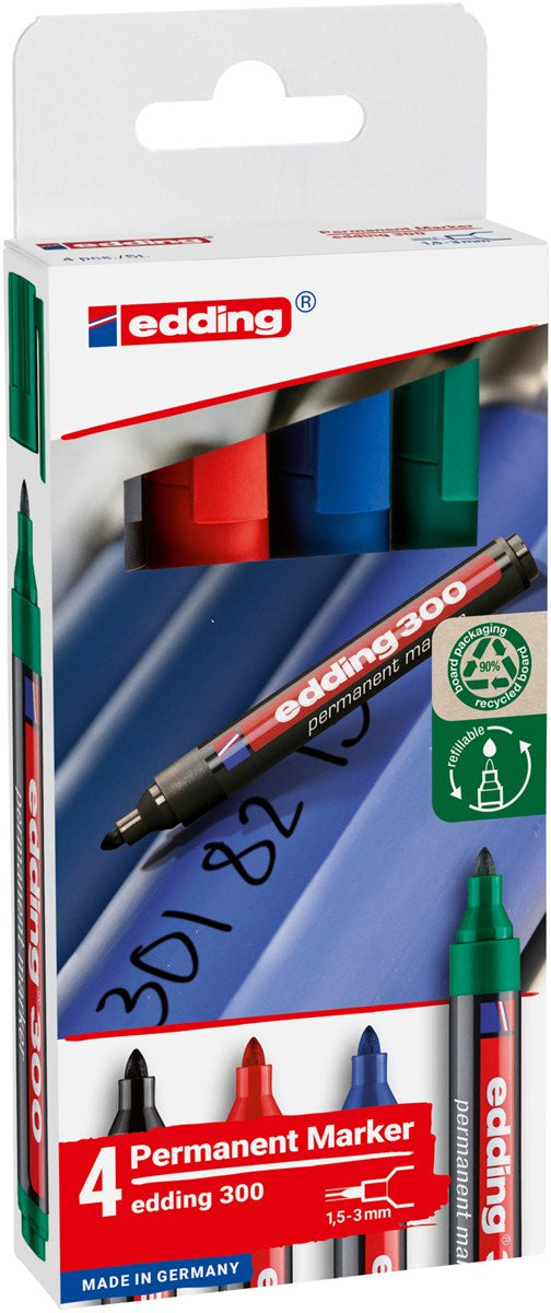 Edding 300 Permanentmarker – Rundspitze 1,5–3 mm – Mehrfarbig – 4er-Set – für Glas, Metall und Kunststoff
