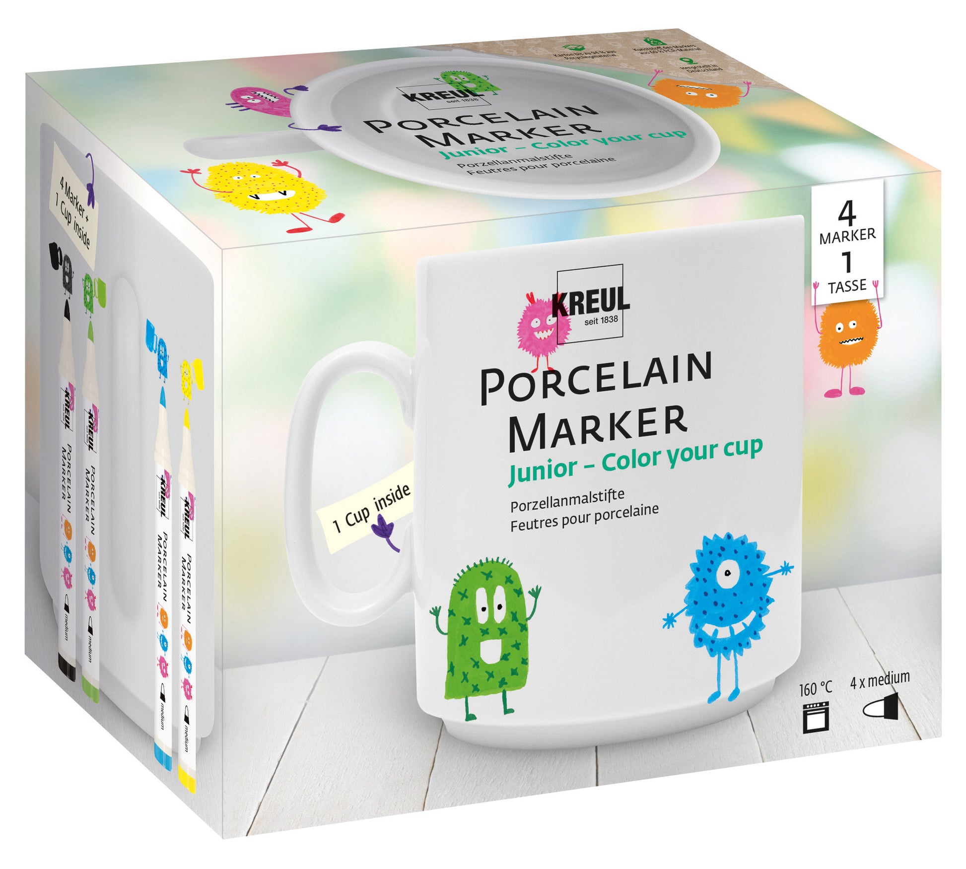 KREUL Color your cup – Porzellan-Marker-Set – 4 Marker, 1 Porzellantasse – Pinselspitze 1–3 mm