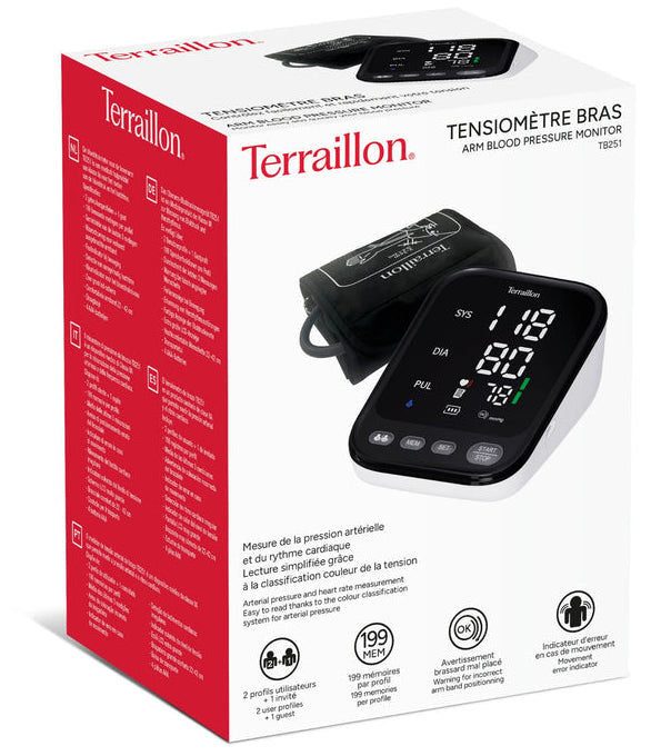 Terraillon Oberarm-Blutdruckmessgerät TB251 – Arrhythmie-Erkennung – Manschette 22–42 cm, 4× AAA