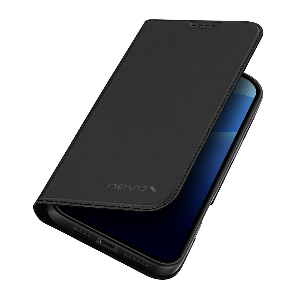nevox Vario Series Wallethülle – für Apple iPhone 16 Pro, mit Ständer, 1 Kartenfach, PU+TPU, Schwarz