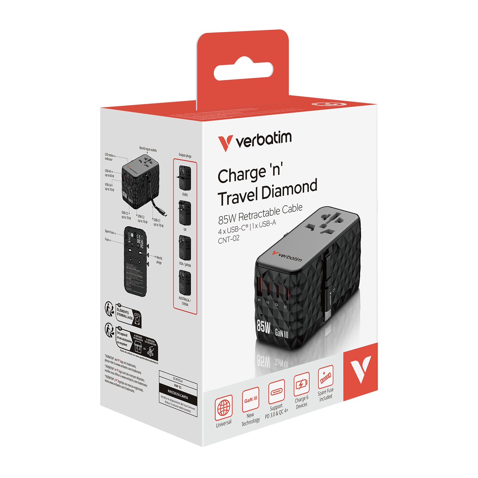 Verbatim Charge 'n' Travel Diamond Ladegerät – 85 W, mit einziehbarem Kabel