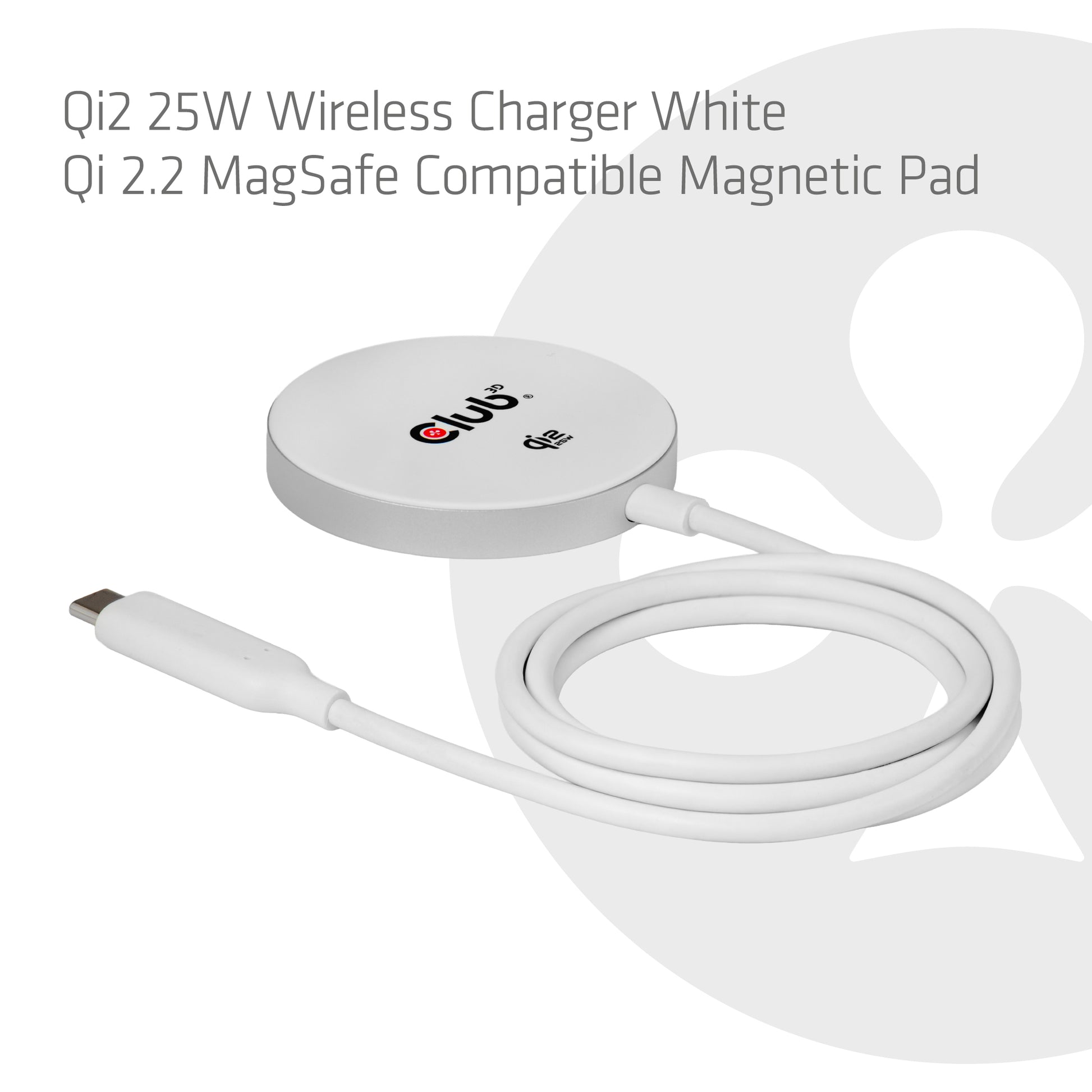 CLUB3D Club 3D CAC-3026 Kabelloses Ladegerät 25 W – Qi2, MagSafe-kompatibel – USB-C×1 – für Smartphones – Weiss