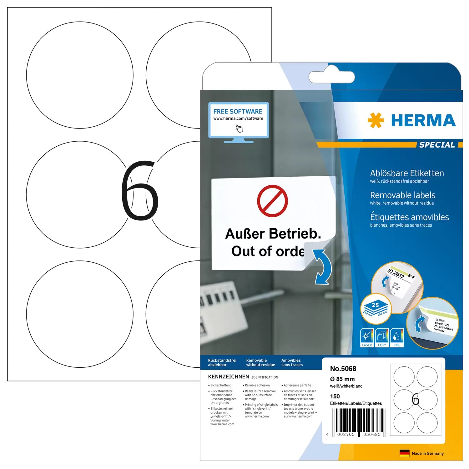 HERMA Druckeretiketten, Ø 85 mm, weiss, Papier, ablösbar, 150 Etiketten (25 Blatt)