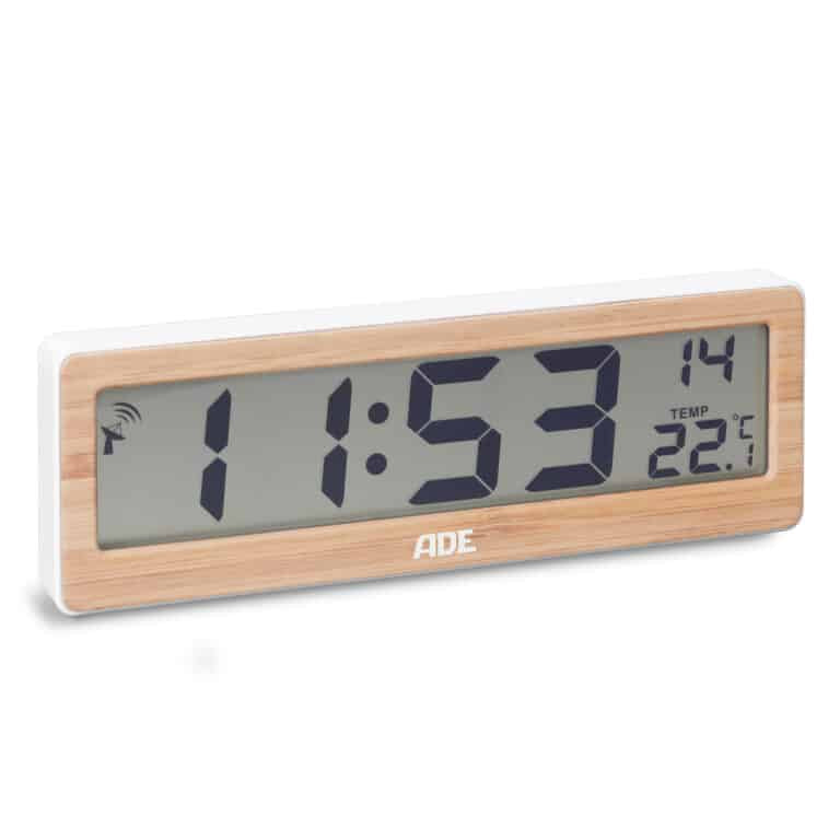 ADE Tischuhr CK1704 – Funk – Digital – 21,6 × 7,2 × 2,2 cm, Braun, Bambus, Thermometer