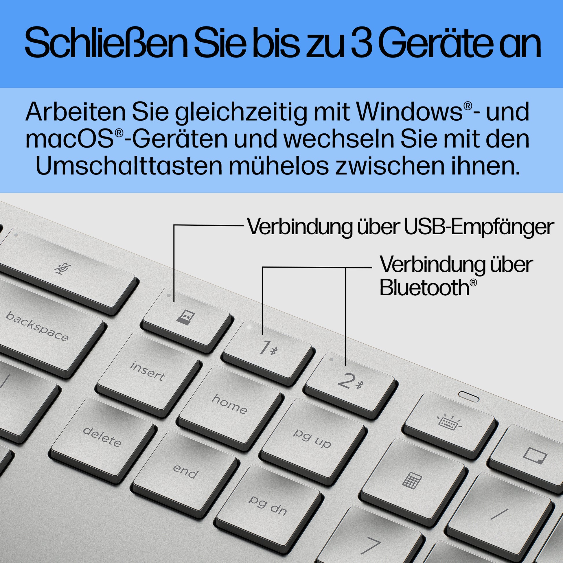 HP 970 – Tastatur – Programmierbar, Bluetooth, USB-C-Ladeport – Silber