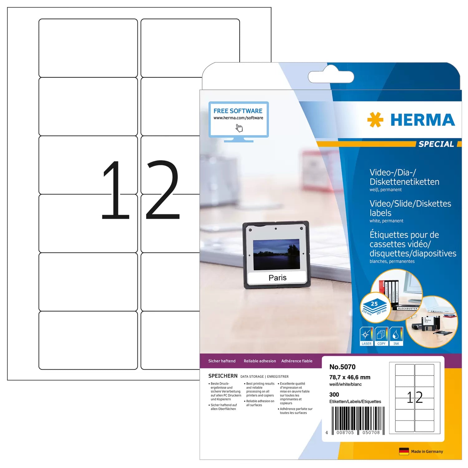HERMA Drucketiketten, 79 mm × 47 mm, weiss, permanent, für Video VHS, Front, 25 Blatt (300 Etiketten)