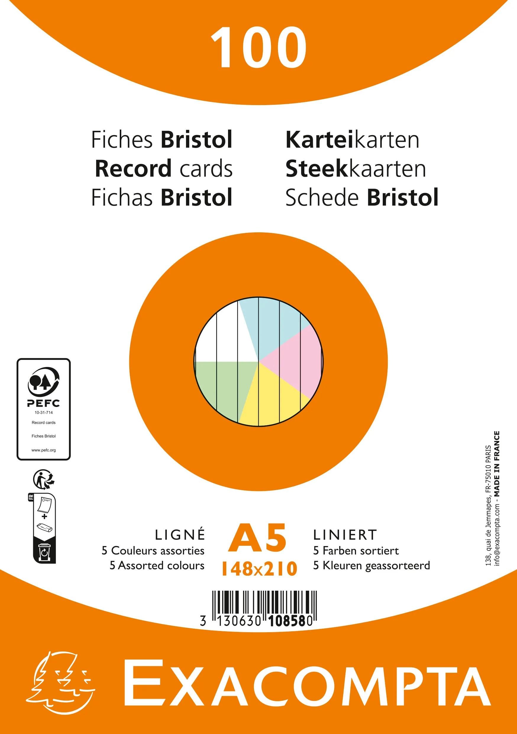 Exacompta Karteikarte A5 quer, liniert, farbig sortiert, 205 g/m², Karteikarton – 100 Stück