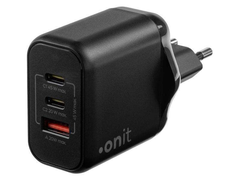 ONIT F02799 USB-Ladegerät 45 W – USB-C×2, USB-A×1 – PD 3,0, PPS, QC 3,0, GaN – EU-Stecker (Typ C) – Schwarz