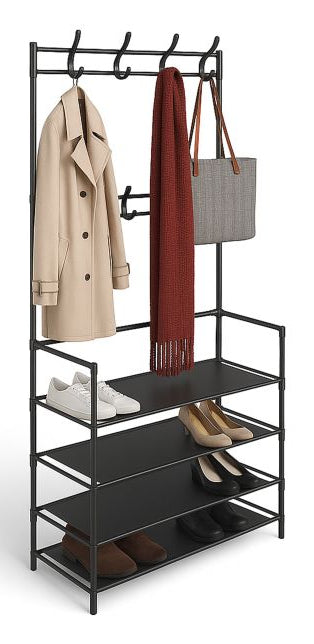 Relaxdays Garderobenständer – 8 Haken, mit Ablage, Stahl, Schwarz, 60 × 26 × 155 cm