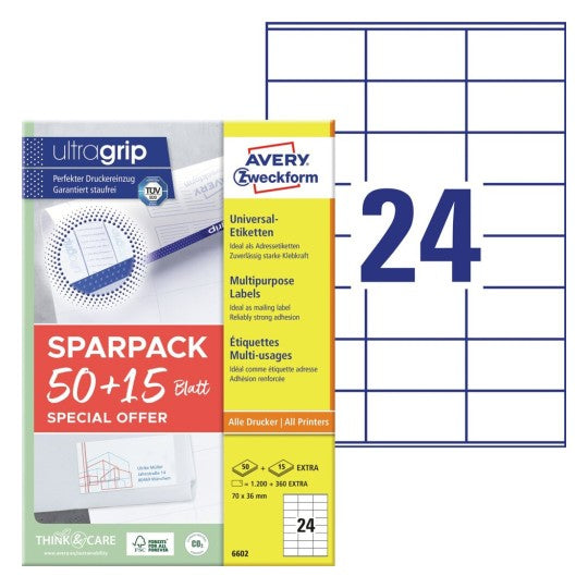 Avery Druckeretiketten, 70 mm × 36 mm, weiss, Papier, permanent, 65 Blatt (1560 Etiketten)