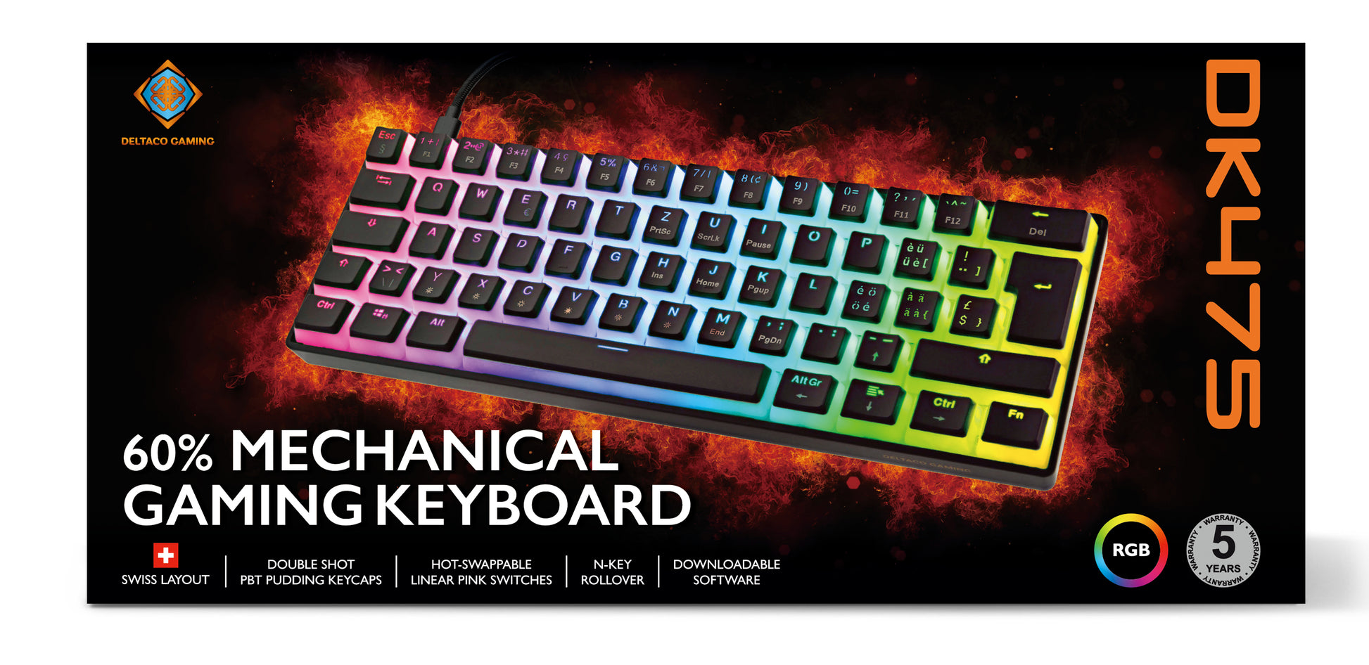 Deltaco Gaming GAM-075V2 – Gaming-Tastatur 60% – Mechanisch – USB-C – RGB – QWERTZ (CH) – Schwarz
