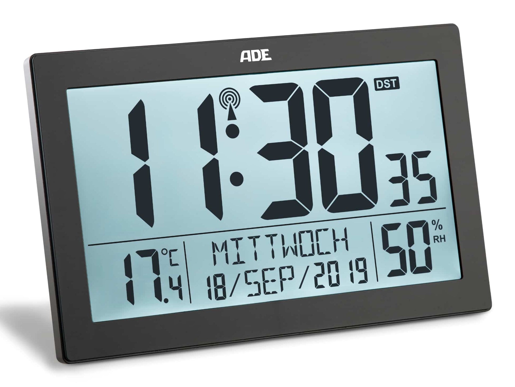 ADE Digitale Wanduhr – Funk – 19,3 × 3,3 × 14,5 cm, Schwarz, Kunststoff