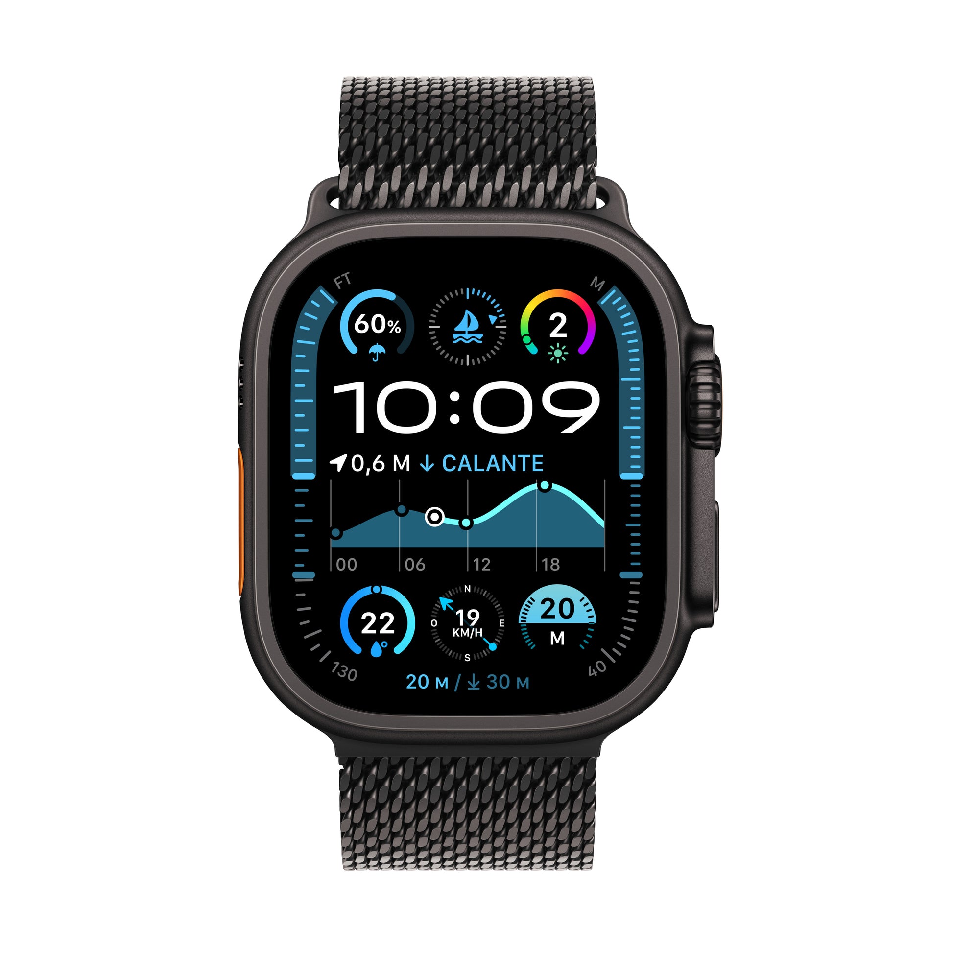 Apple Watch Ultra 2 – Smartwatch – 49 mm, LTE, OLED, Saphirglas, 100 m, Schwarz Titan, Mailänder Schlaufe (M)