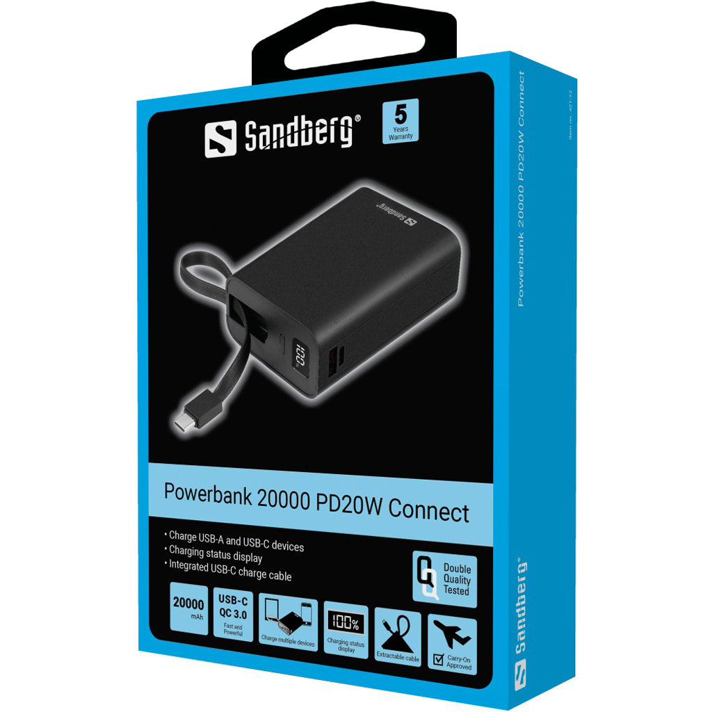 Sandberg Powerbank 20000 PD20W Connect – Powerbank – 20000 mAh, PD 20 W, Anschlüsse: 2× USB-C, 1× USB-A, Schwarz