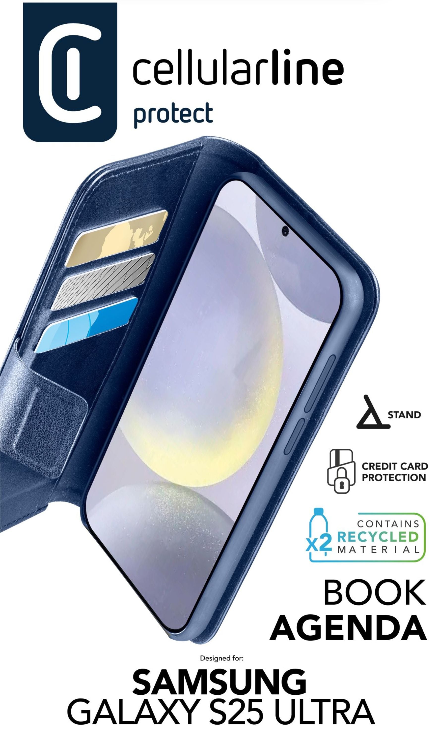 Cellularline Booklet-Hülle – für Samsung Galaxy S25 Ultra – blau – Kunstleder – mit Kartenfach