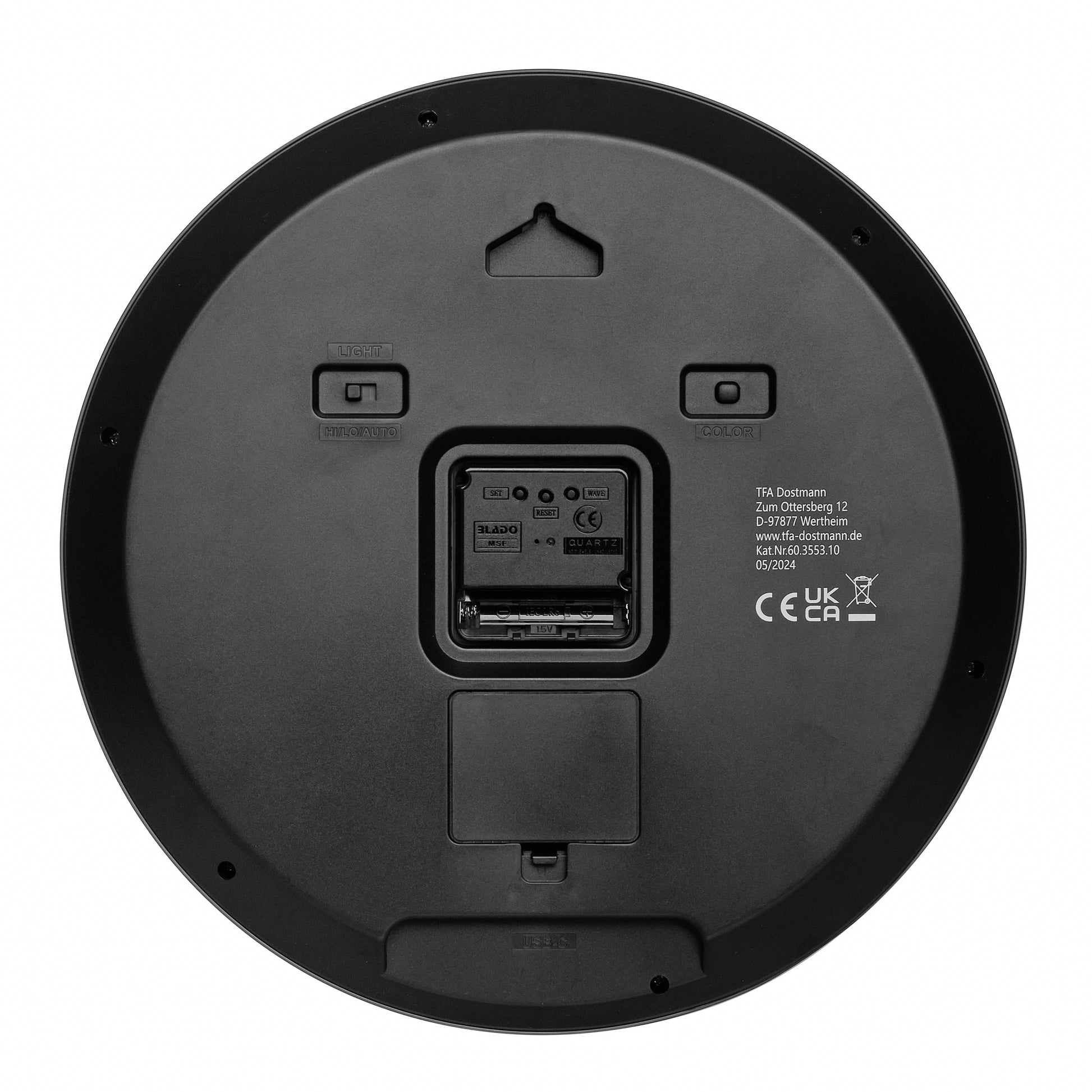 TFA-Dostmann TFA Dostmann LUMOCLOCK Wanduhr – Funk, analog, Licht, USB, Ø 30,3 cm, schwarz, Kunststoff
