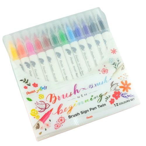 Pentel Brush Sign Pen Twin Brush Pen, Doppelspitze – 1–2 mm, 12 Farben