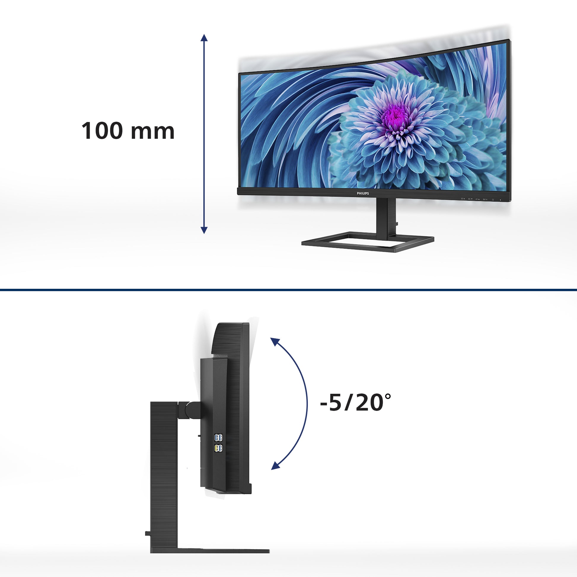 Philips 346E2CUAE/00 – Monitor, 34", VA, 100 Hz, 300 cd/m², Lautsprecher, VESA 100 × 100, Schwarz