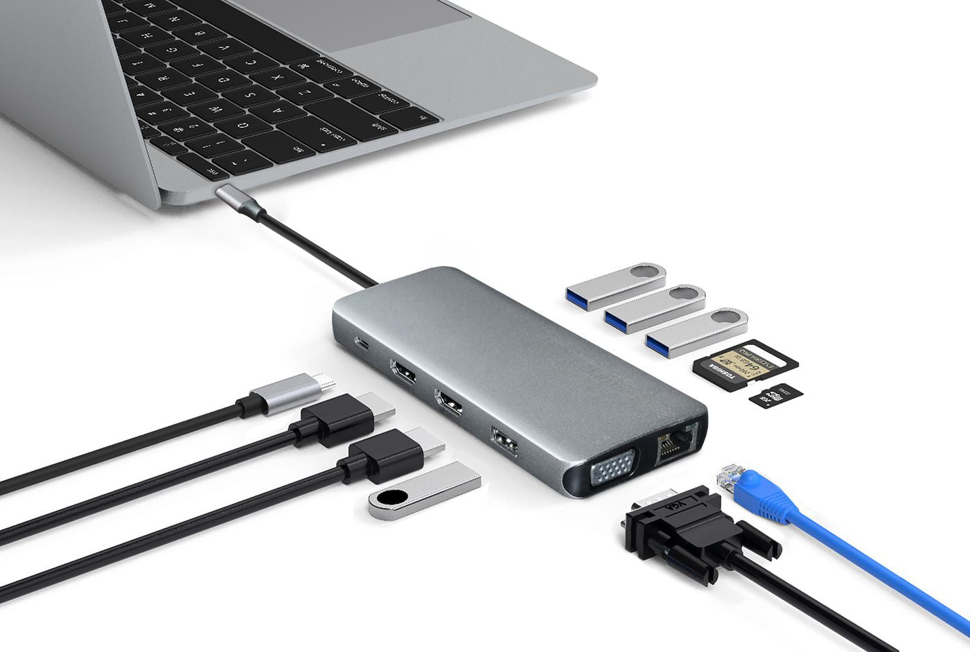 eSTUFF Multiport-Adapter – USB-C, 2× HDMI, 1× VGA, 4× USB-A, 100 W PD, GbE, 3,5 mm Audio, für USB-C-Geräte