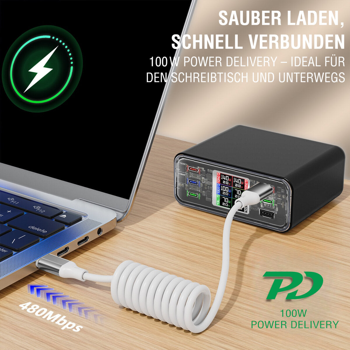 4smarts USB-C auf USB-C Kabel – USB 2.0 (480 Mbit/s) – 1,35 m – PD 100 W – Spiralkabel, TPU-Mantel – Weiss