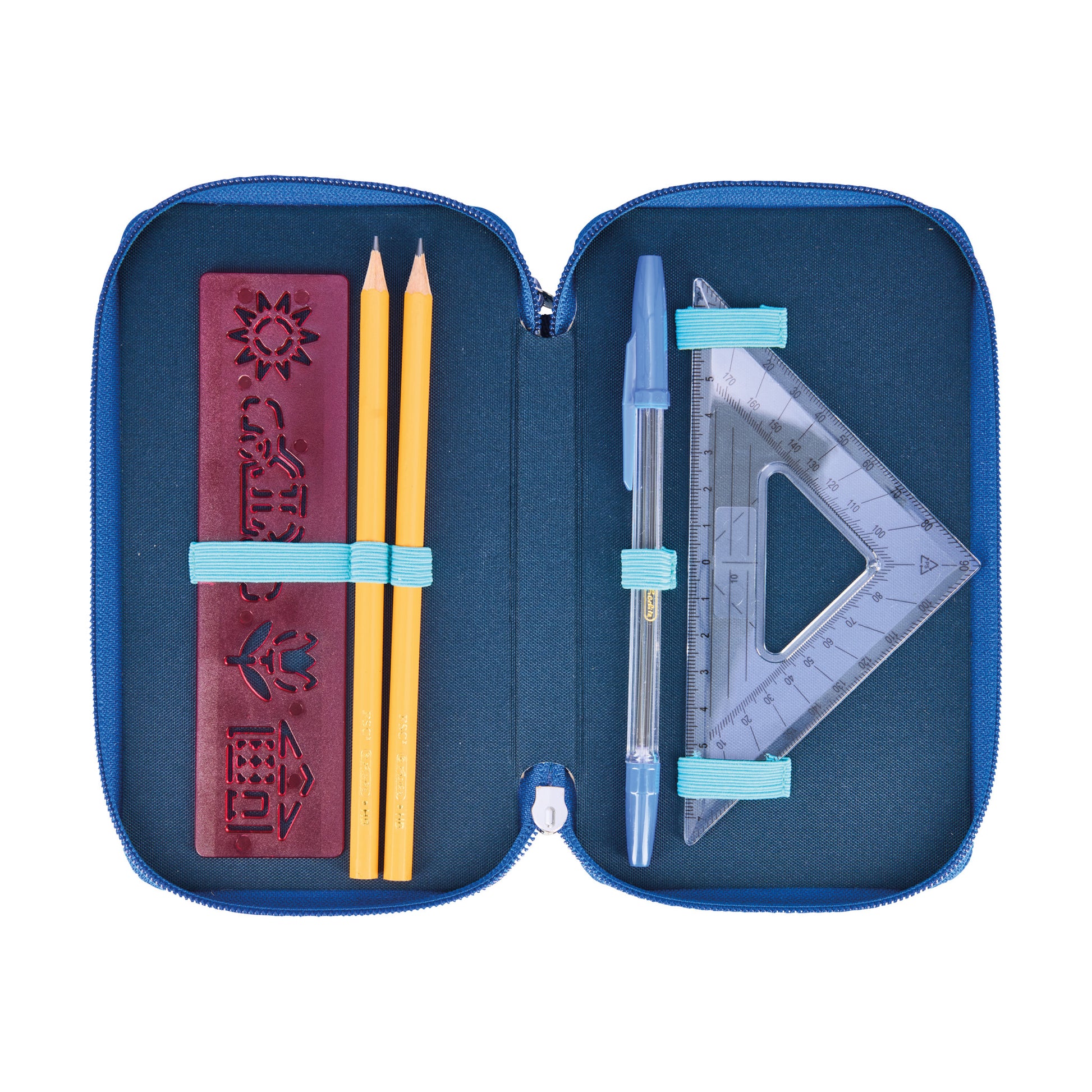 Herlitz TriCase – Schüleretui, 3 Klappen, gefüllt (31-teilig), Jungle Safari, Blau, 19 × 11,5 × 7 cm