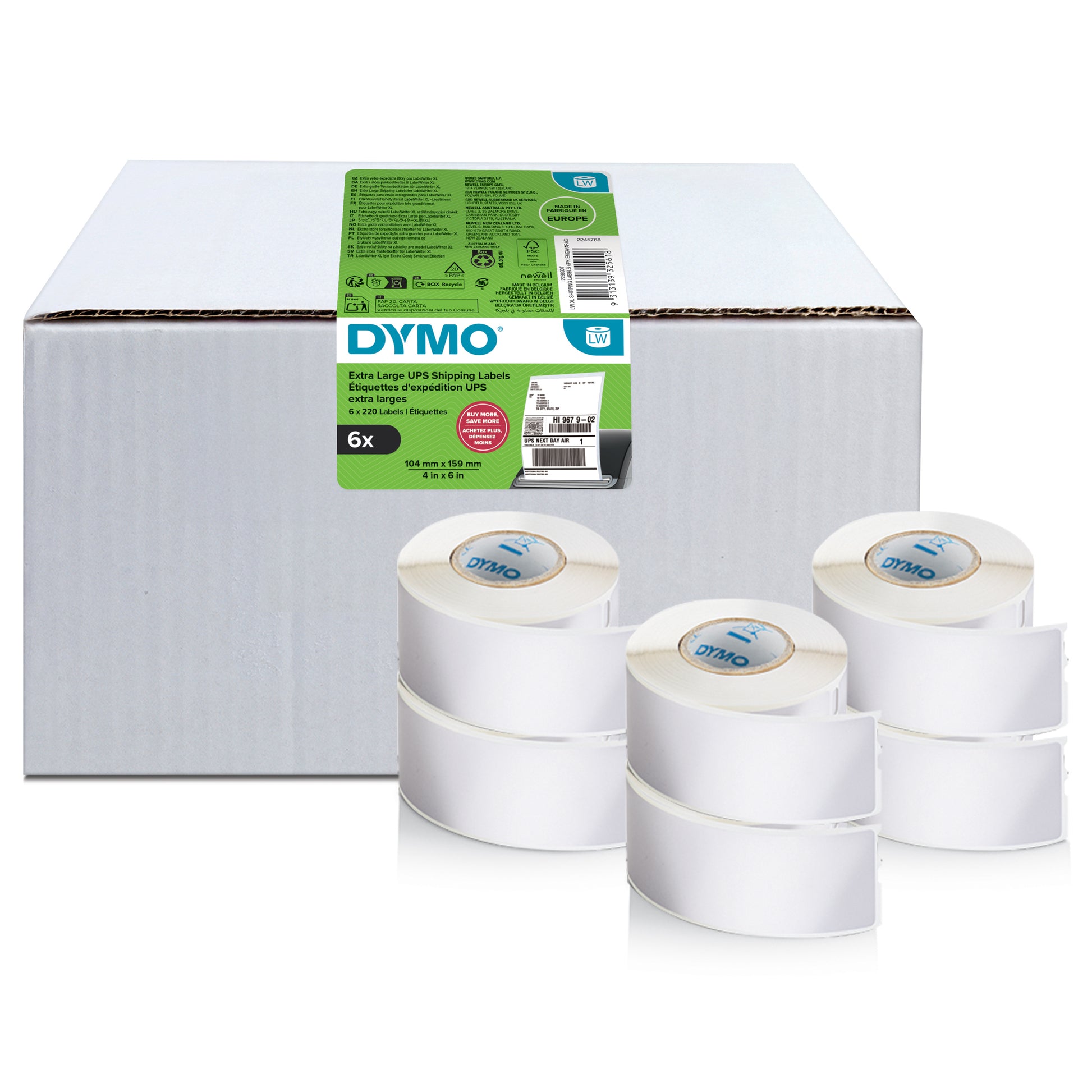 DYMO 2238107 – Etiketten (Rolle) 104 × 159 mm – permanent haftend – 220 Etiketten/Rolle, 6 Rollen/Pack