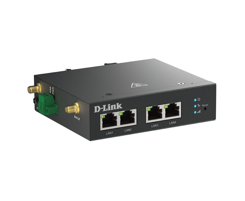 D-Link DWM-314-T – LTE Router, 4× Fast Ethernet (10/100 Mbit/s), 1× SIM, 9–36 V, DIN-Schiene, Schwarz