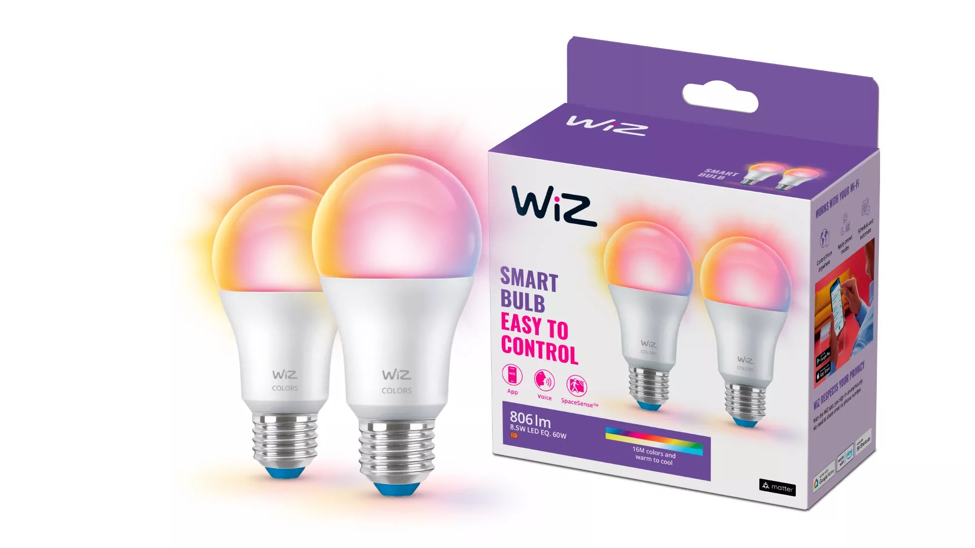 WiZ Smart-Leuchtmittel E27 A60 – RGB+CCT (2200–6500 K), 806 lm, 8,5 W, WLAN – für WiZ – 2 Stk.
