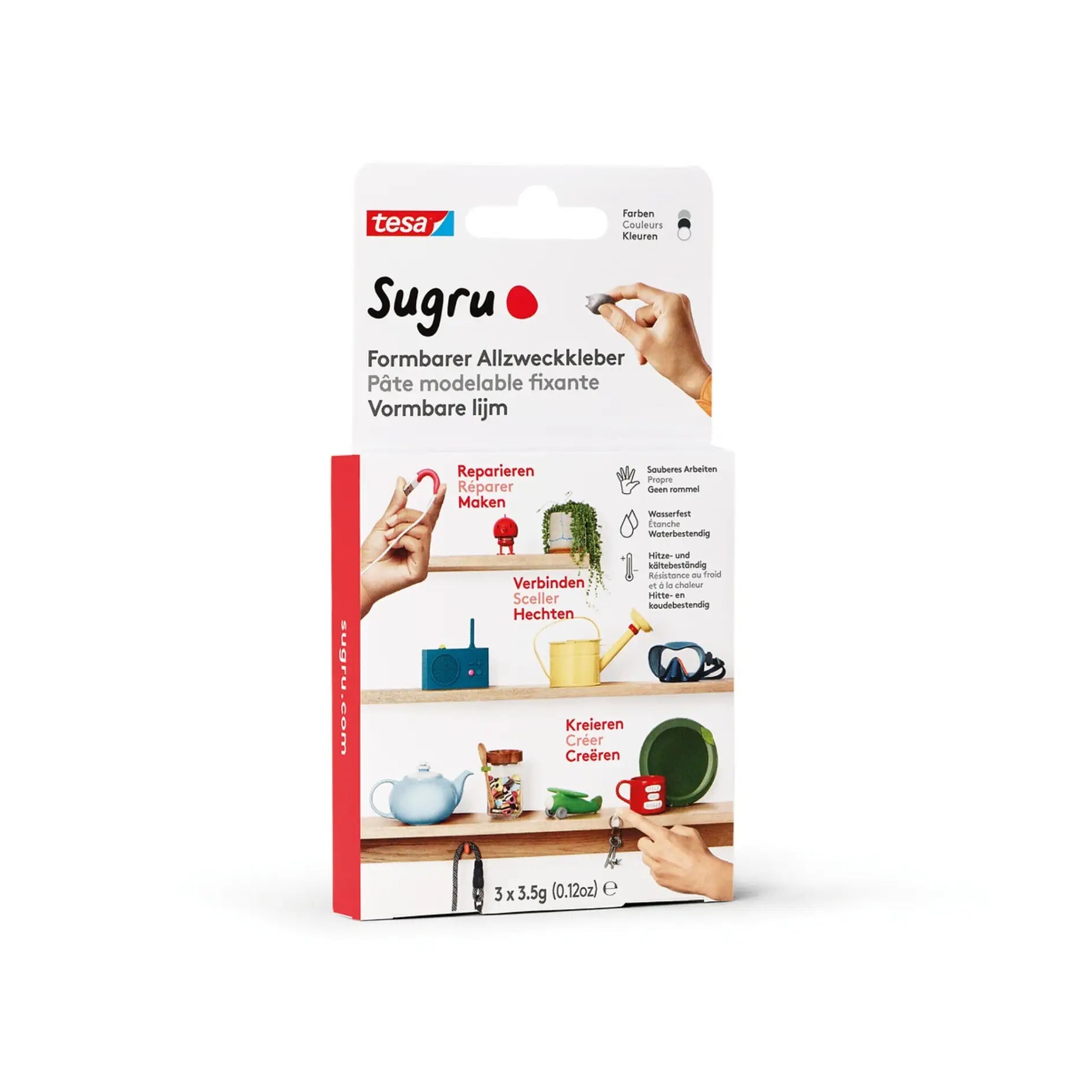 TESA SUGRU Vielzweckkleber – permanent, schwarz, formbar, 12-24 h, 3 × 3,5 g, für Glas, Keramik, Holz und mehr