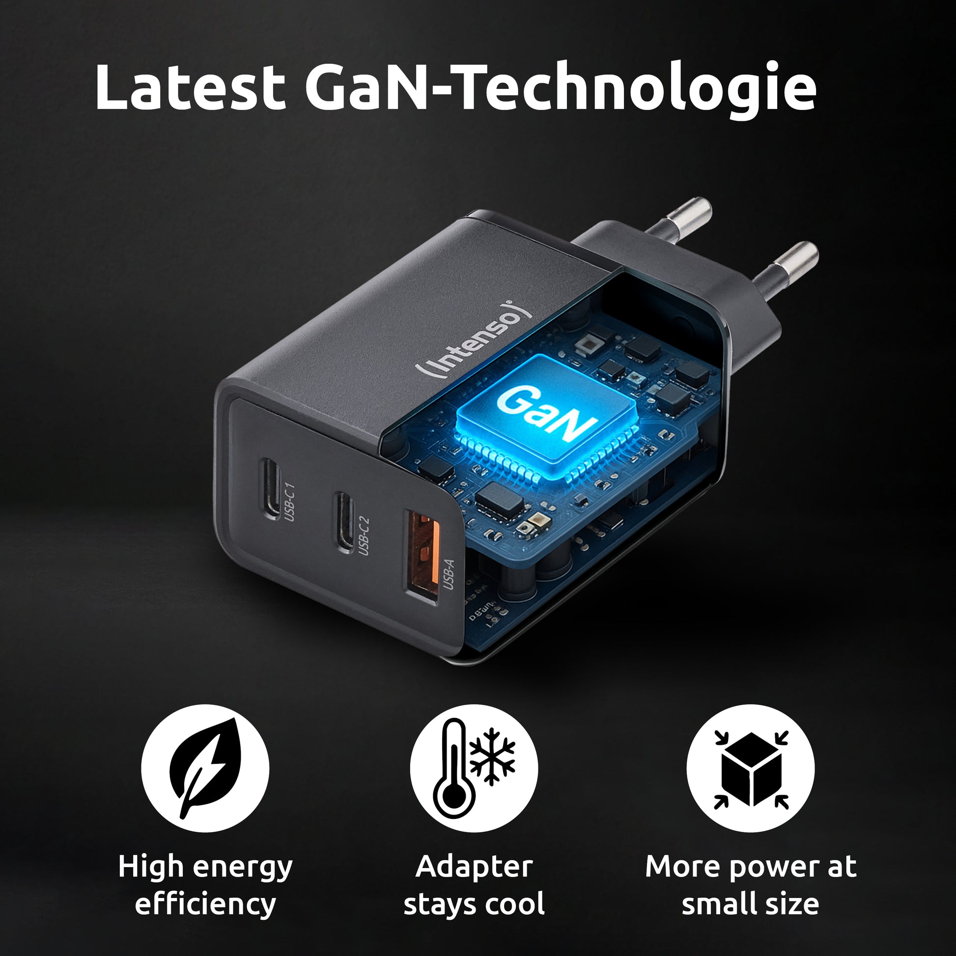 Intenso W65ACC USB-Wandladegerät 65 W – USB-C×2, USB-A×1 – GaN, Schwarz