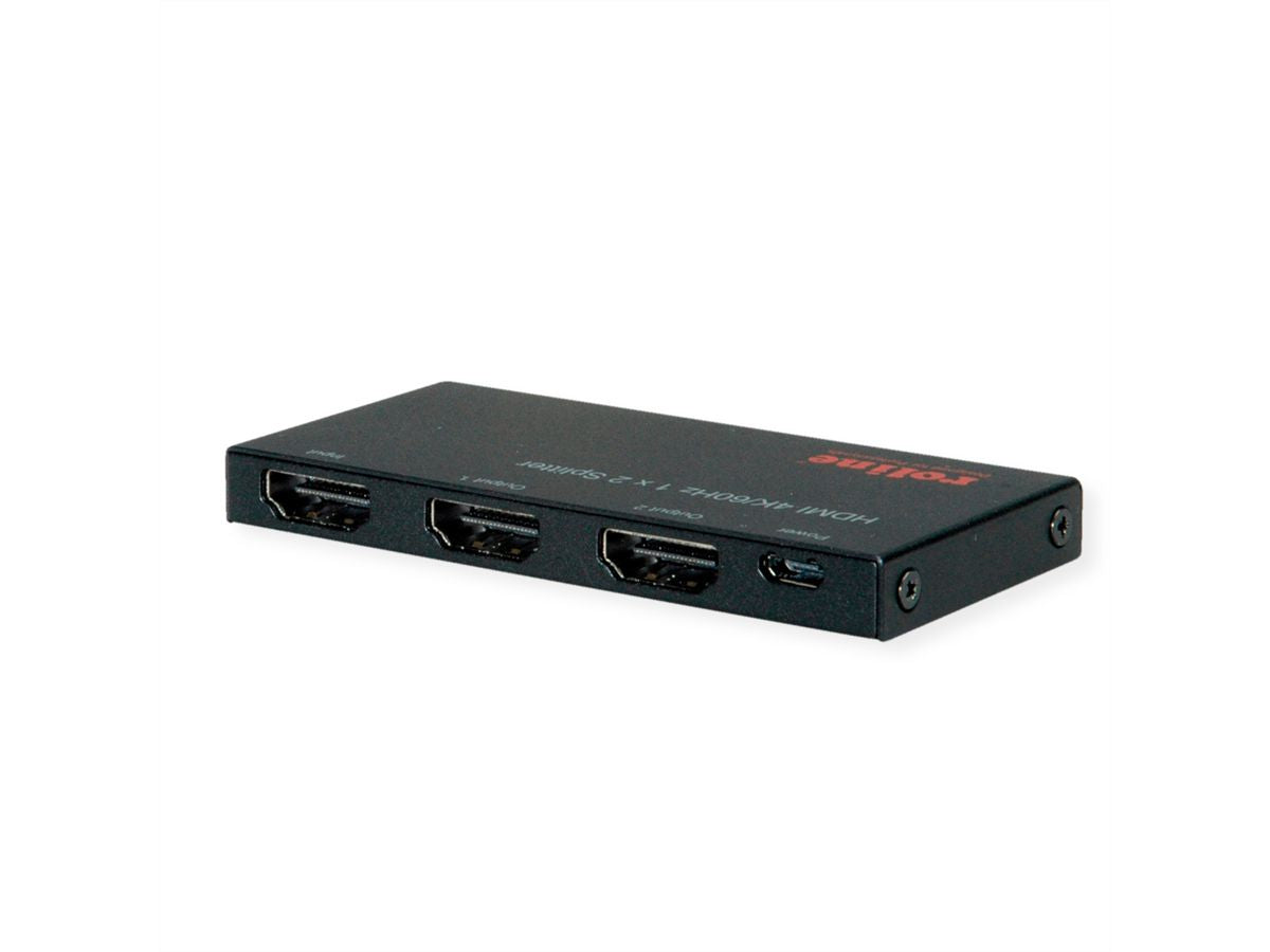 ROLINE HDMI-Splitter, 1× HDMI Eingang / 2× HDMI Ausgang, 4K@60 Hz, HDCP 2.2/1.4, USB-betrieben, Schwarz